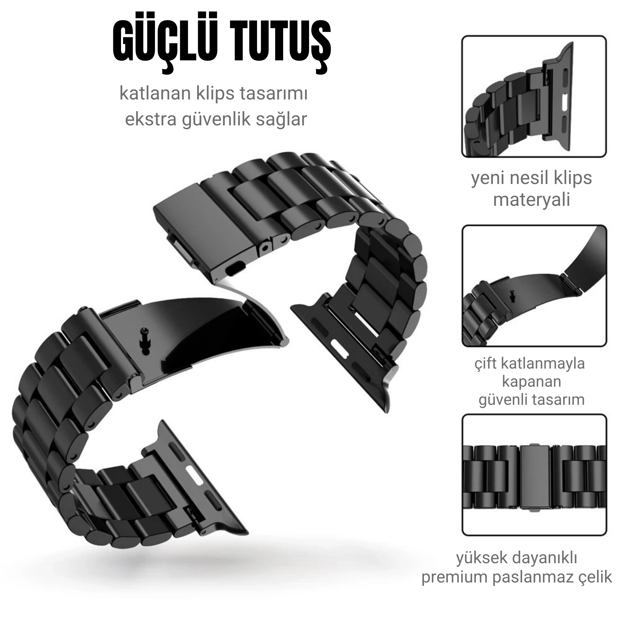 Siyah Paslanmaz Çelik Baklalı Apple Watch Uyumlu Kordon