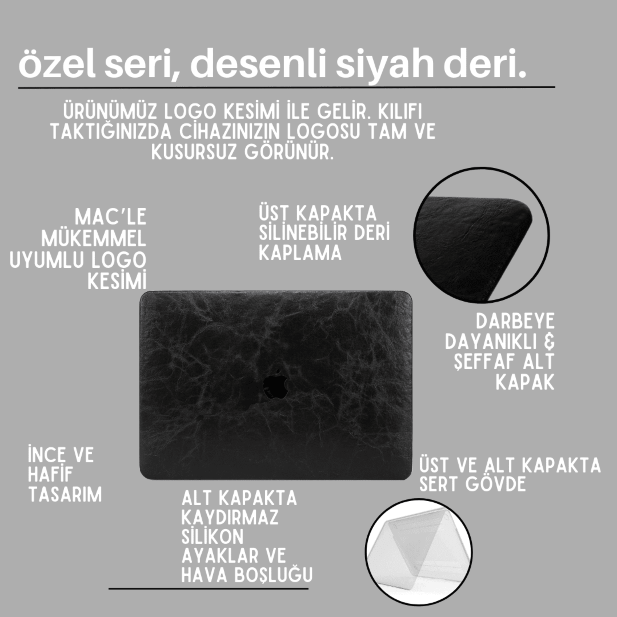 Özel Seri Siyah Deri Macbook Kılıfı - Ön & Arka Kapak