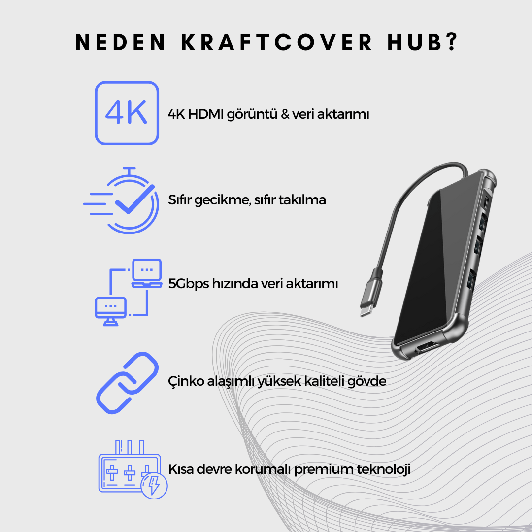 5 Girişli TYPE-C'den USB'ye Dönüştürücü HUB + 4K HDMI Girişli Adaptör +  TYPE-C Girişi