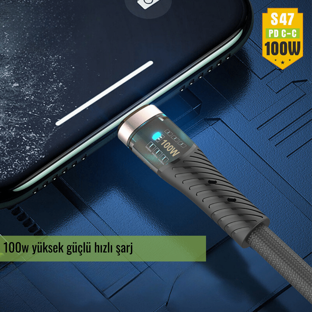 Örgü Dokulu Type-C Hızlı Şarj & Data Kablosu 100W - Led Işık Destekli