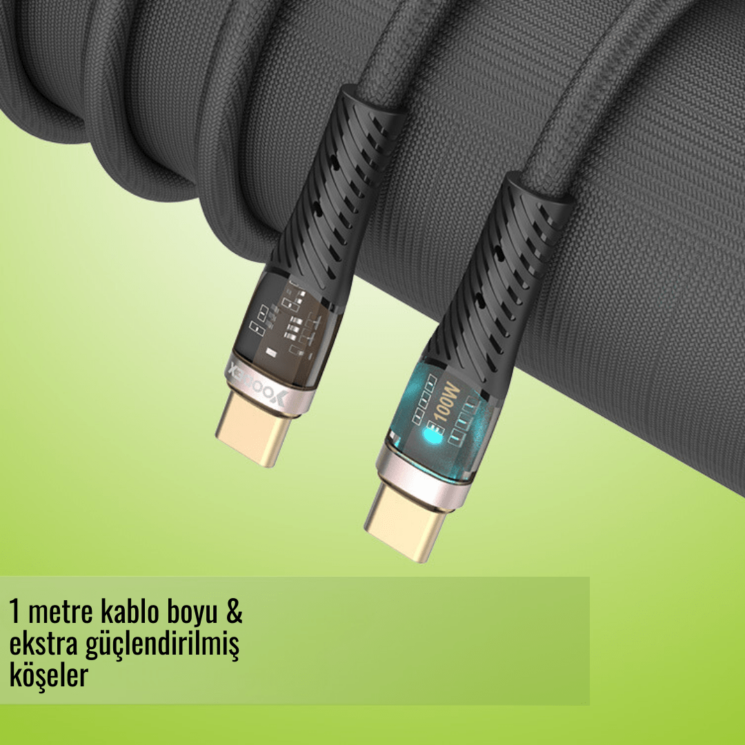 Örgü Dokulu Type-C Hızlı Şarj & Data Kablosu 100W - Led Işık Destekli
