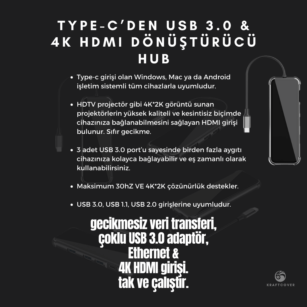 5 Girişli TYPE-C'den USB'ye Dönüştürücü HUB + 4K HDMI Girişli Adaptör ...