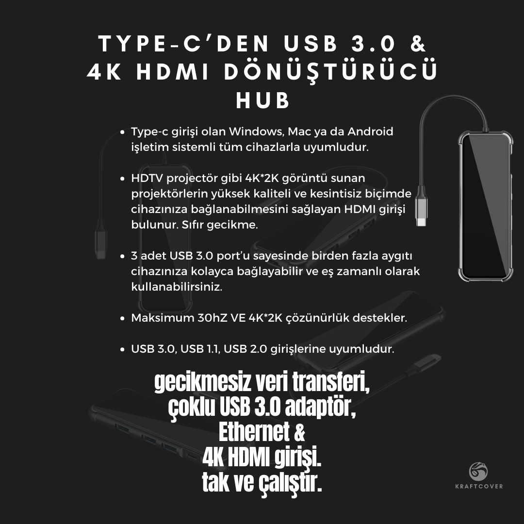 5 Girişli TYPE-C'den USB'ye Dönüştürücü HUB + 4K HDMI Girişli Adaptör +  Ethernet Portu