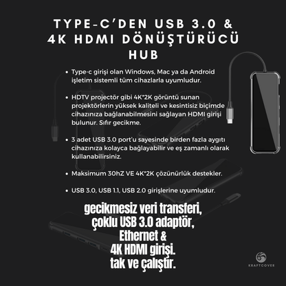 5 Girişli TYPE-C'den USB'ye Dönüştürücü HUB + 4K HDMI Girişli Adaptör +  Ethernet Portu