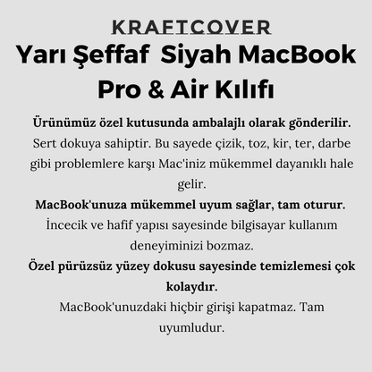 Siyah Kristal Yarı Şeffaf Macbook Koruma Kılıfı - Macbook Air & Pro İçin Transparan Koruyucu - Sert Ön & Arka Kapak