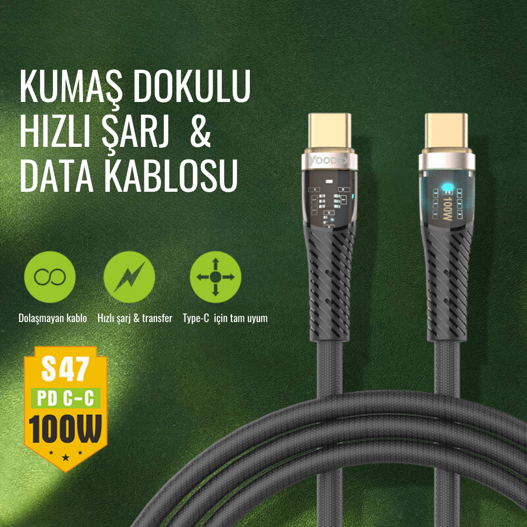 Örgü Dokulu Type-C Hızlı Şarj & Data Kablosu 100W - Led Işık Destekli
