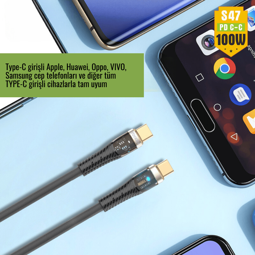 Örgü Dokulu Type-C Hızlı Şarj & Data Kablosu 100W - Led Işık Destekli