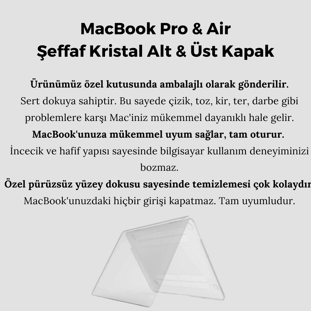 Kristal Şeffaf Macbook Koruma Kılıfı - Macbook Air & Pro İçin Transparan Koruyucu - Sert Ön & Arka Kapak