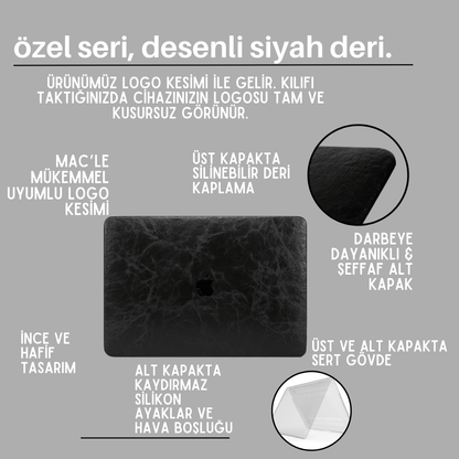 Özel Seri Desenli Siyah Deri Macbook Koruma Kılıfı - Macbook Air & Pro İçin Koruyucu - Ön & Arka Kapak